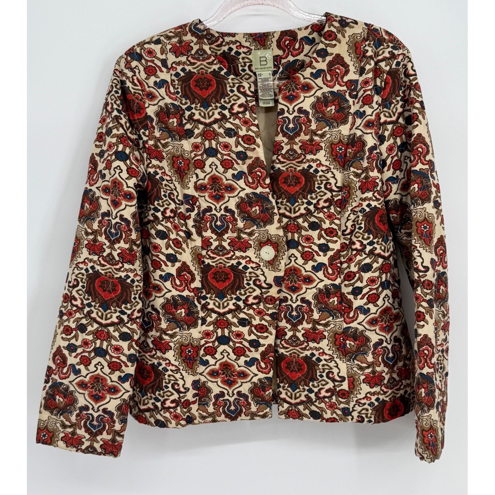 Belongings Womens Quilted Blazer Jacket‎ Red Blue Floral Paisley Tapestry Sz L